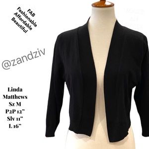 LINDA MATHEWS cropped  3/4 sleeve black sweater SZ M